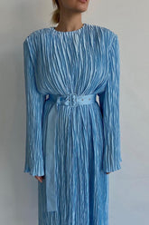 Blue Belt Waisted Pleated Midi Dress